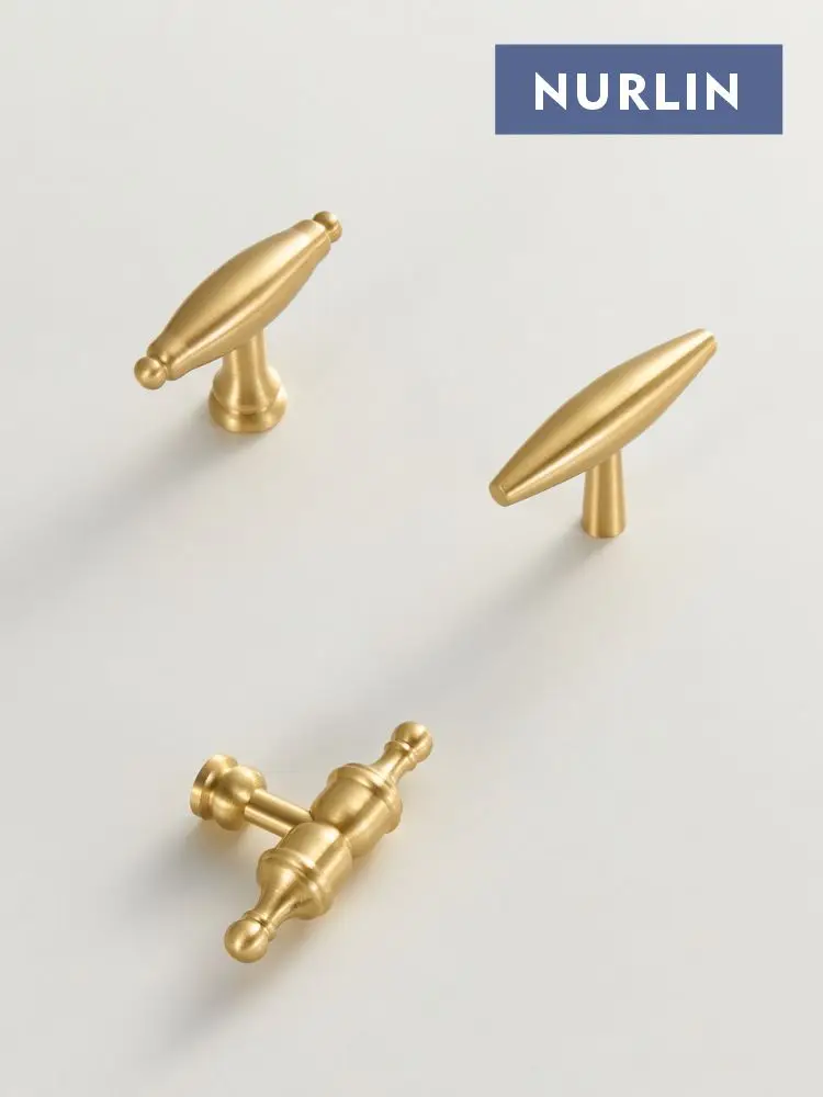 NURLIN Solid Brass T-bar Cabinets Doors Drawers Furniture Pastoral American European French Style Matte Gold Handle