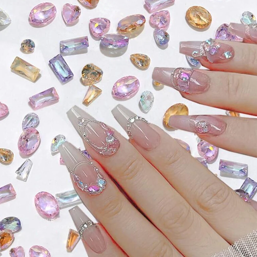 50 قطعة البريق البسيطة أورورا الزركون حجر الراين مسمار سحر ثلاثية الأبعاد مختلط شكل الزجاج الماس مسمار الأحجار الكريمة DIY بها بنفسك مانيكير الديكور
