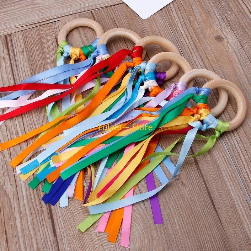

Y4QA Wooden Nursing Ribbon Rainbow Teether Toy Cognitive Stimulation 5 Options