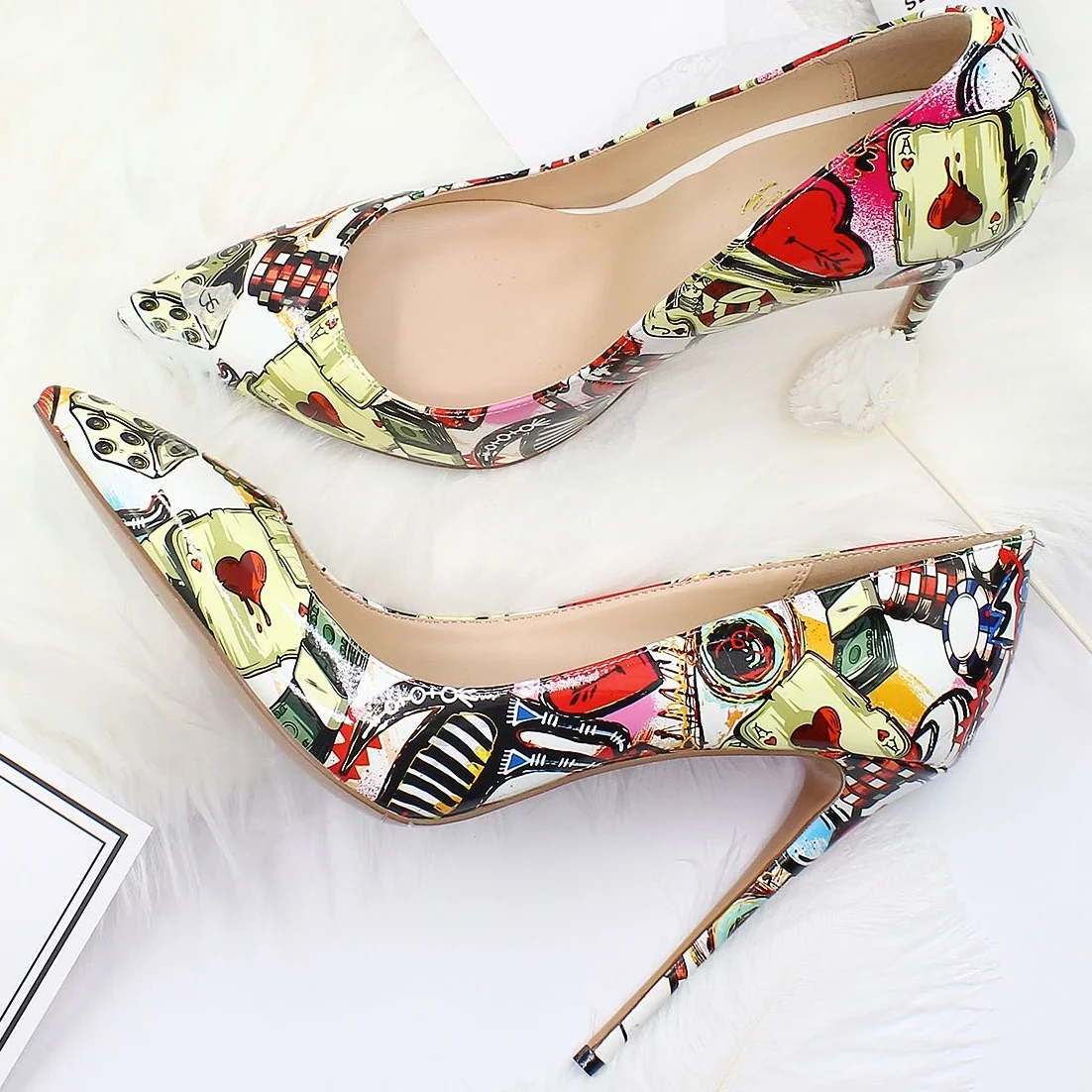 Plus Size New Ladies Autumn Sexy Stilettos Pumps Shallow 12cm/10cm/8.5cm Thin High Heels Cartoon Print office Pointed Toe Shoes