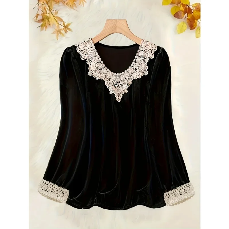

Plus Size 1XL-5XL New Women's Casual Style Silk Velvet Shirt V-neck Patchwork Spring Fashion Retro Color Block Design Top