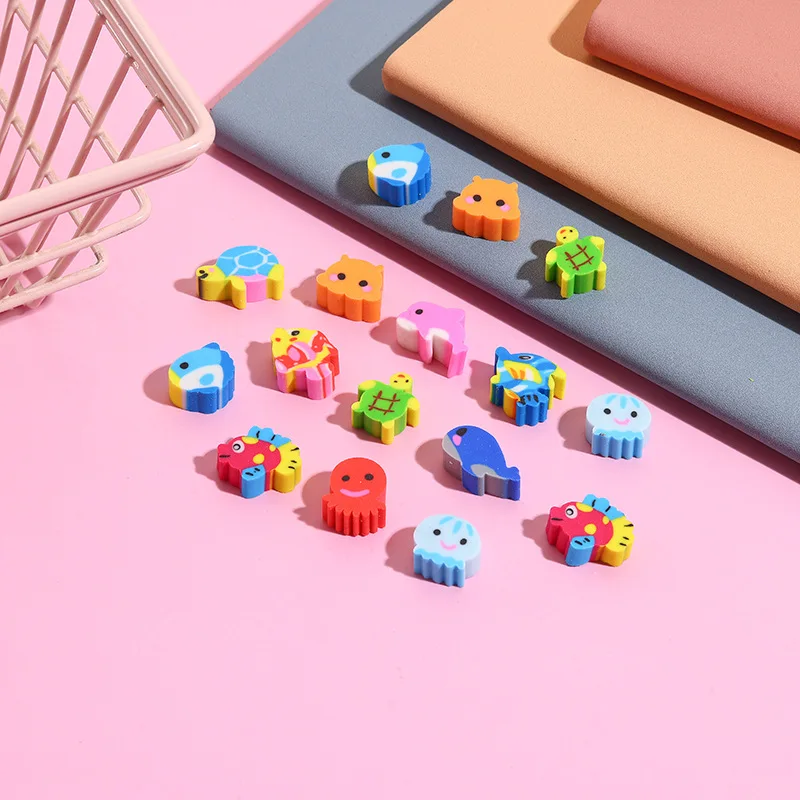 10Pcs/Lot Cute Cartoon Mini Erasers Kawaii Cartoon Space Animal Fish Turtle Rainbow Shaped Stationery for School Students Kids