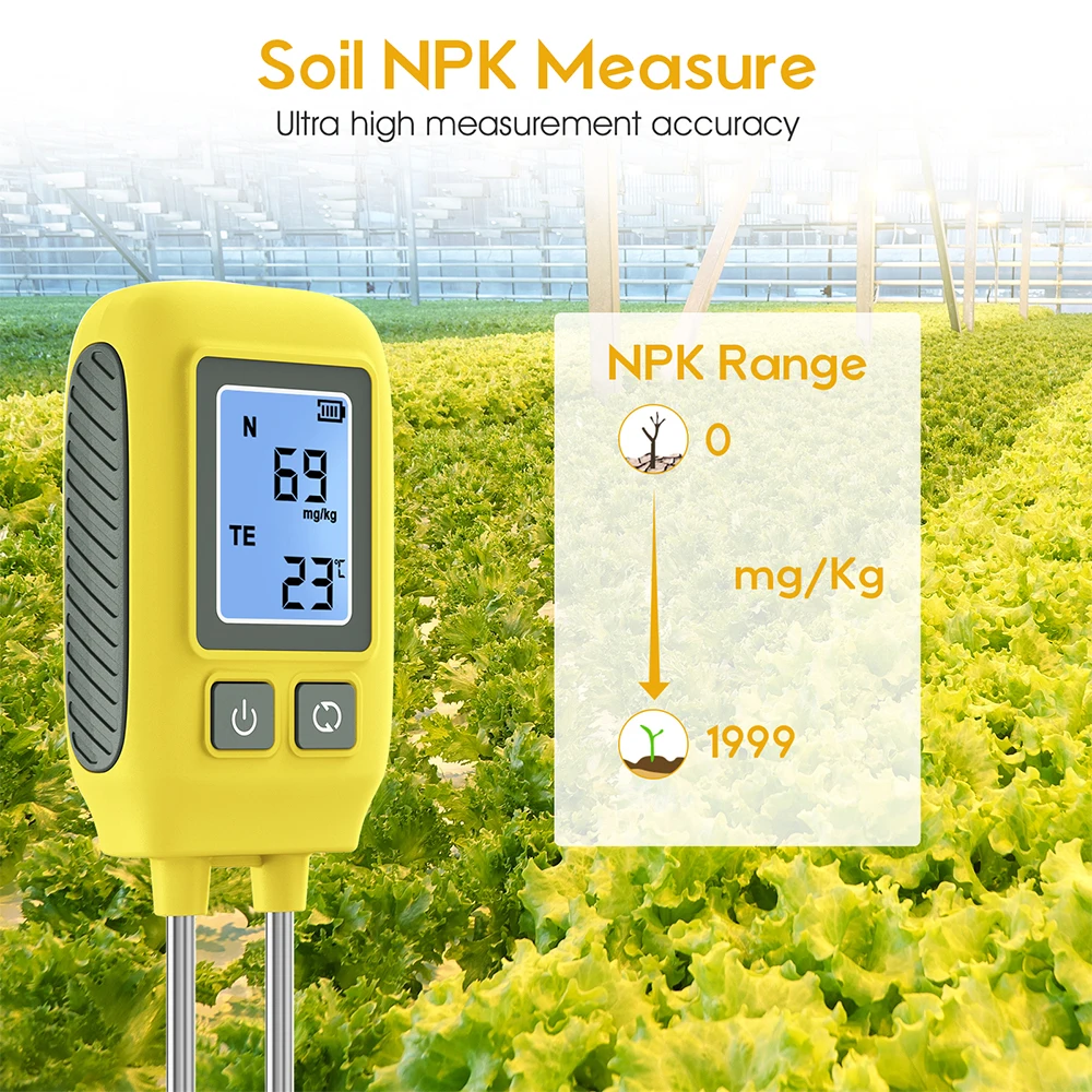 Probador de suelo 4 en 1, Detector de nutrientes de fertilizante de suelo con retroiluminación LCD, medidor de temperatura NPK de suelo de 0-1999 mg/kg para granja de jardín