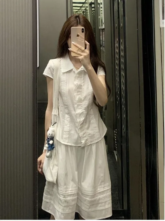 

Spring 2026 White Shirt A-Line Skirt Two-Piece Set Women's Fashion College Style Waist-Cinching Skirt Youthful Ensemble