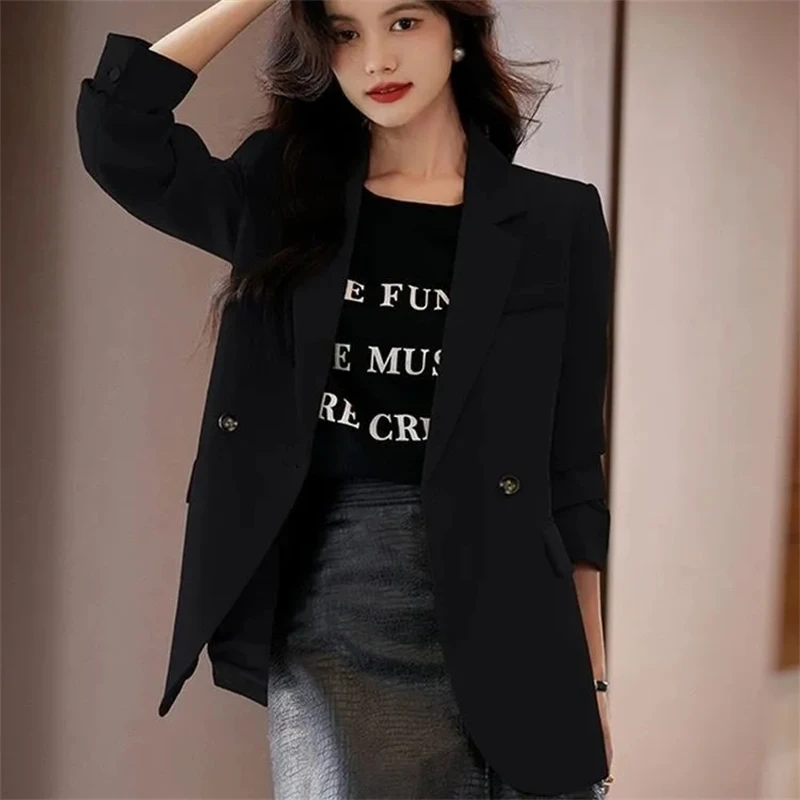 

2025 Spring Autumn Trend Double Breasted Buckle Elegant Women's Suit Jacket Forking Design Sense Ladies Small Blazer Coat