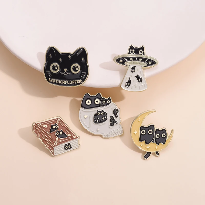 Magic Wizard Cat Enamel Pins Cartoon Book Black Kitten UFO Brooches Lapel Badge Gothic Punk Jewelry Gift For Backpack Clothes