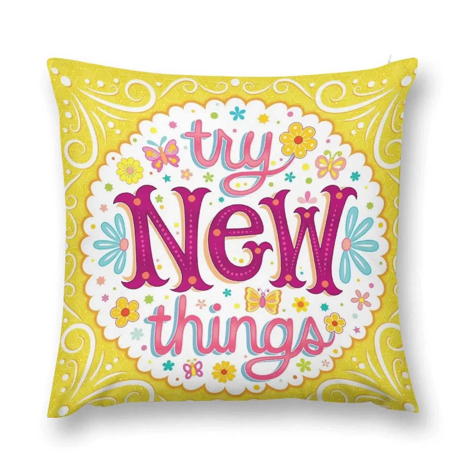 Try New Things - Colorful Hand-Lettering Mantra Art by Thaneeya McArdle Throw Pillow anime girl pillow