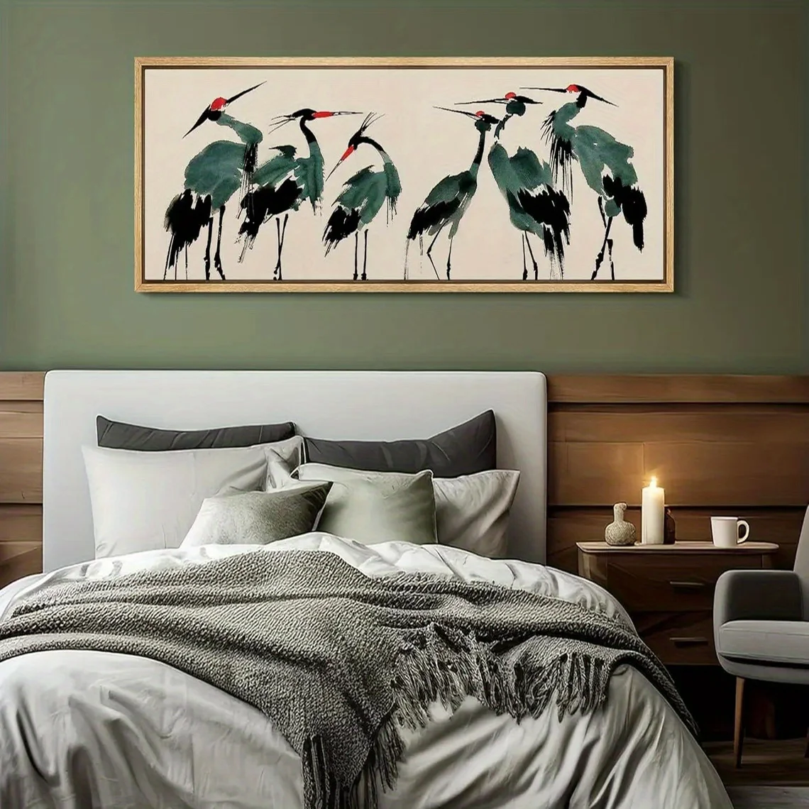 (1PC Unframe)Asian Watercolor Painting Print - Green Long-Legged Crane Bird Art, Modern Classic Art Deco Minimalist Unframed Can