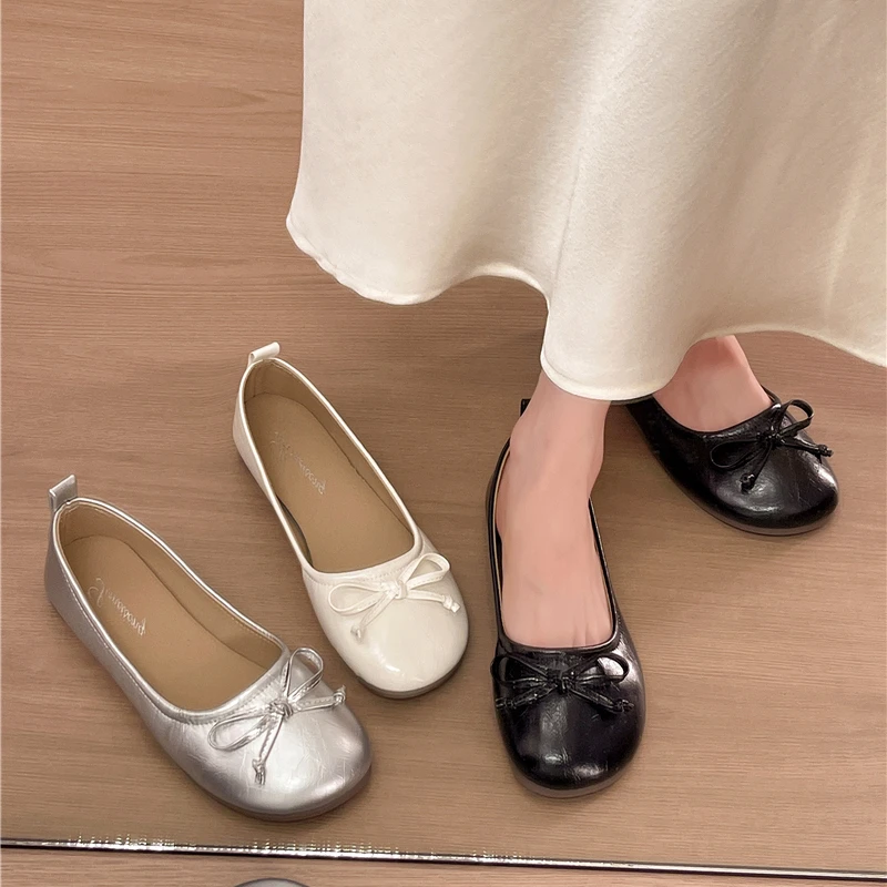 Ballerinas mit Schleifenknoten und runder Spitze für Damen, weiche Slip-On-Schuhe für den Alltag – Detail 10