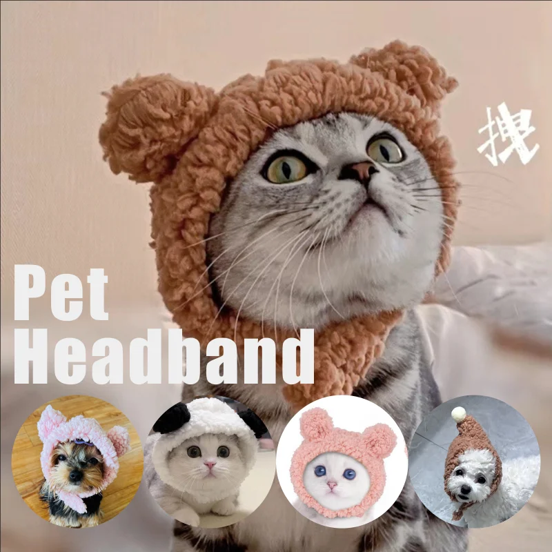 Comfortable Pet Headband hat Cat Dog Headwear Adjustable Plush Headband Bear Hat for Small Pets keep warm