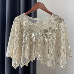 Vintage 1920s Flapper Shawl Sequin Beaded Short Cape Beaded Decoration Gatsby Party Mesh Short Cover Up Dress Accessory