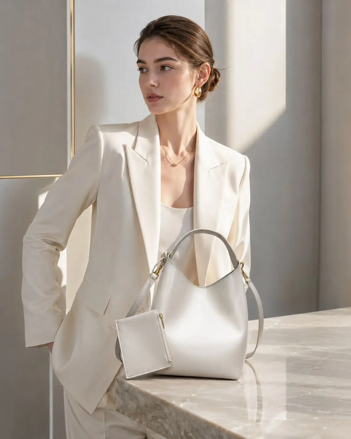 Ivory leather bucket bag with top handle, detachable crossbody strap, matching pouch, and gold-tone hardware.