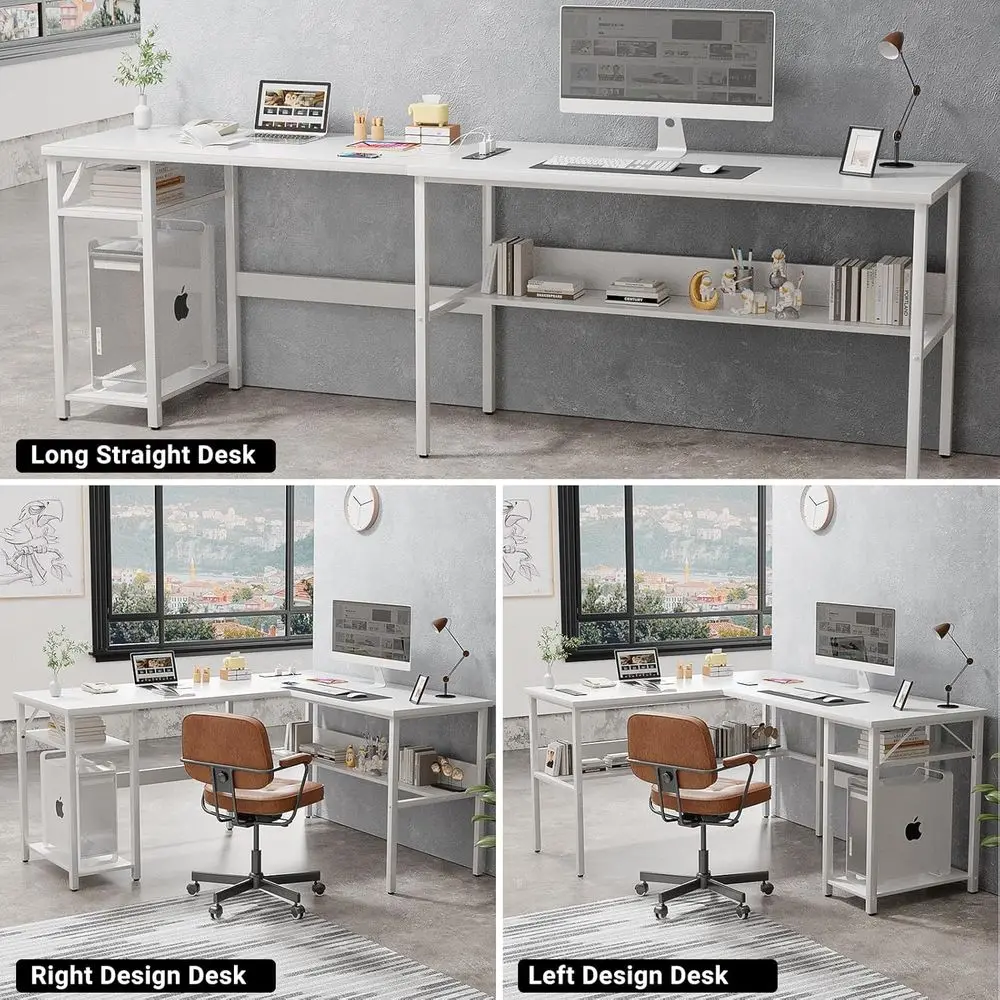 Adjustable White L-Shaped Desk with Power Outlets & USB Ports, Sturdy Home Office Desk with Storage, Easy Assembly