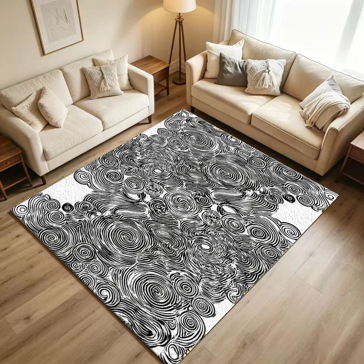 Abstract Black-White Spiral Swirl Carpet Flooring, Hand-Doodle Wave Pattern Non-Slip Area Rug for Living Room Bedroom Home Decor