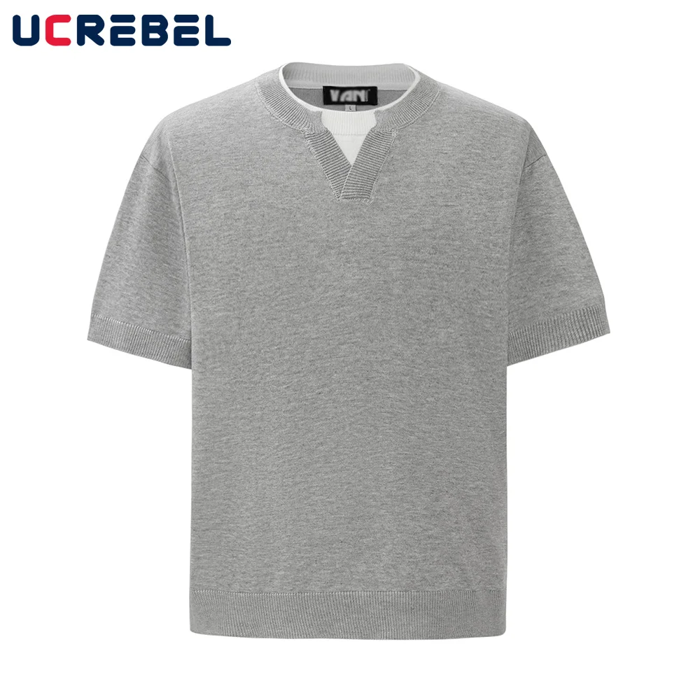 

Поддельная трикотажная футболка из двух предметов с коротким рукавом, мужская летняя уличная футболка с круглым вырезом и половиной рукавов, мужская футболка