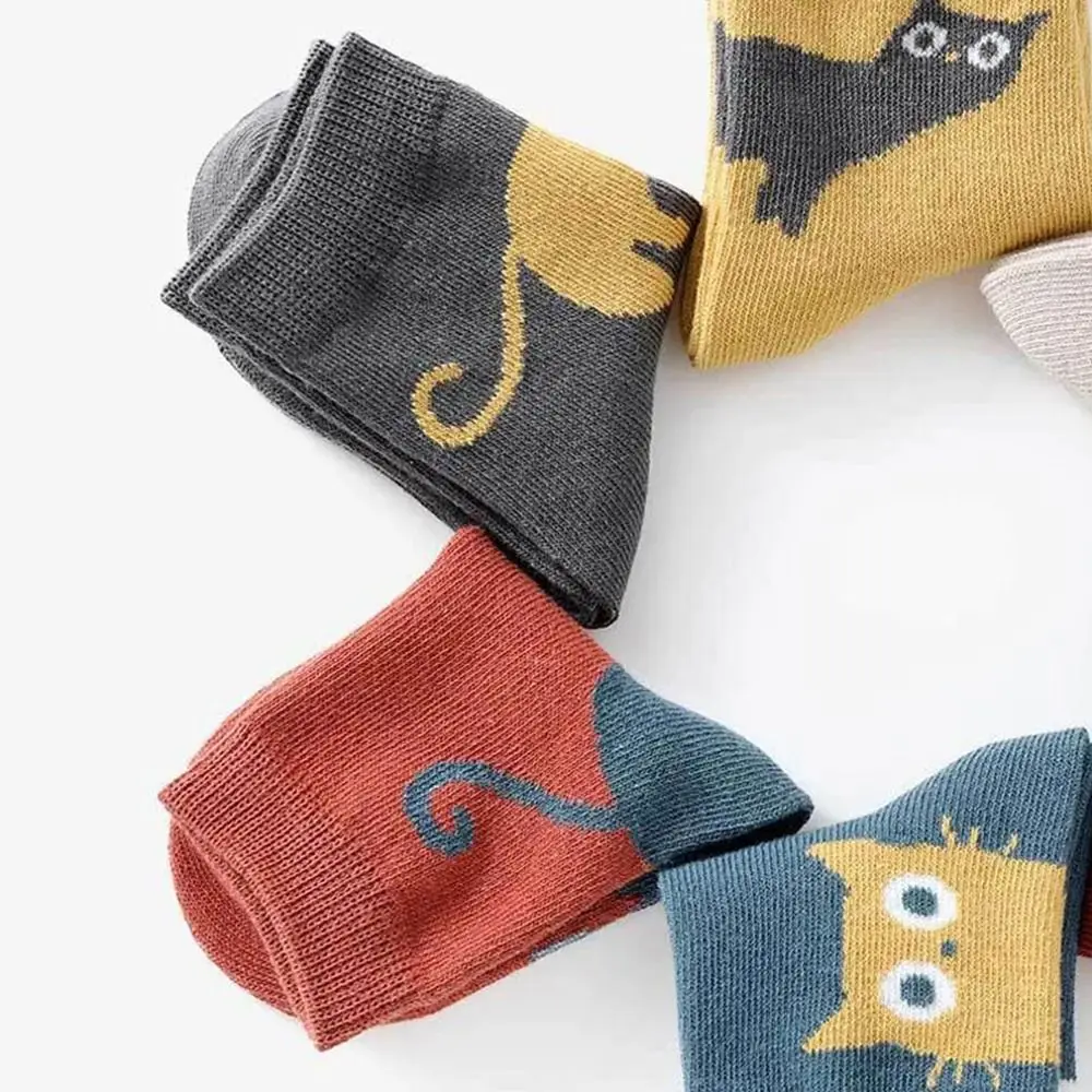 5 Pairs Cotton Crew Socks Comfortable Cat Design Toddler Mid-Calf Socks Spring Autumn Breathable Children's Socks