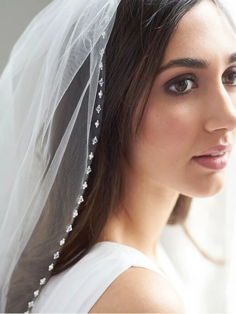 Velos de boda con punta de dedo, velo de novia con perlas de cristal, borde cortado, accesorios de novia, Blanco/Lvory, 1 nivel