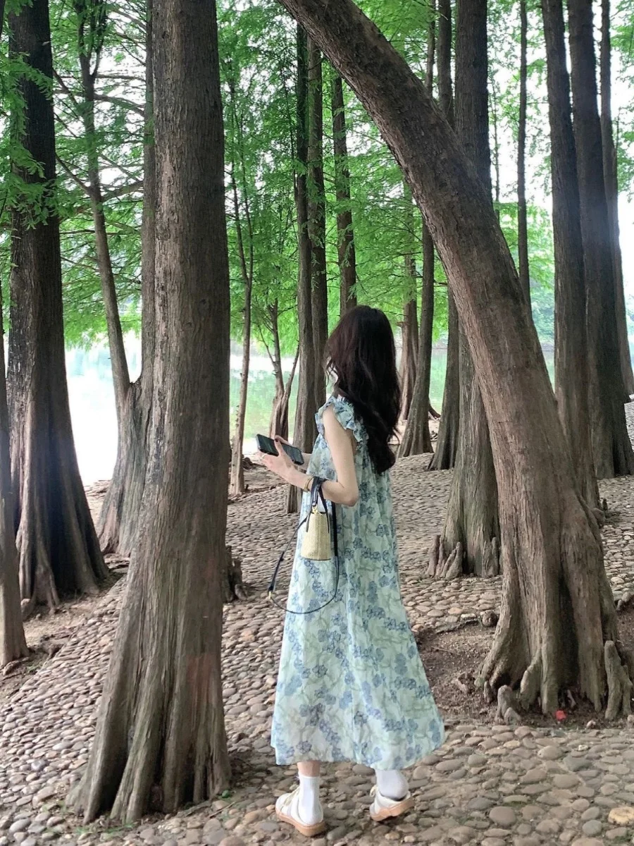 Vestido longo azul com estampa floral, estilo fresco para mulheres, verão 2024, férias na praia, alças, versão coreana, saia ...