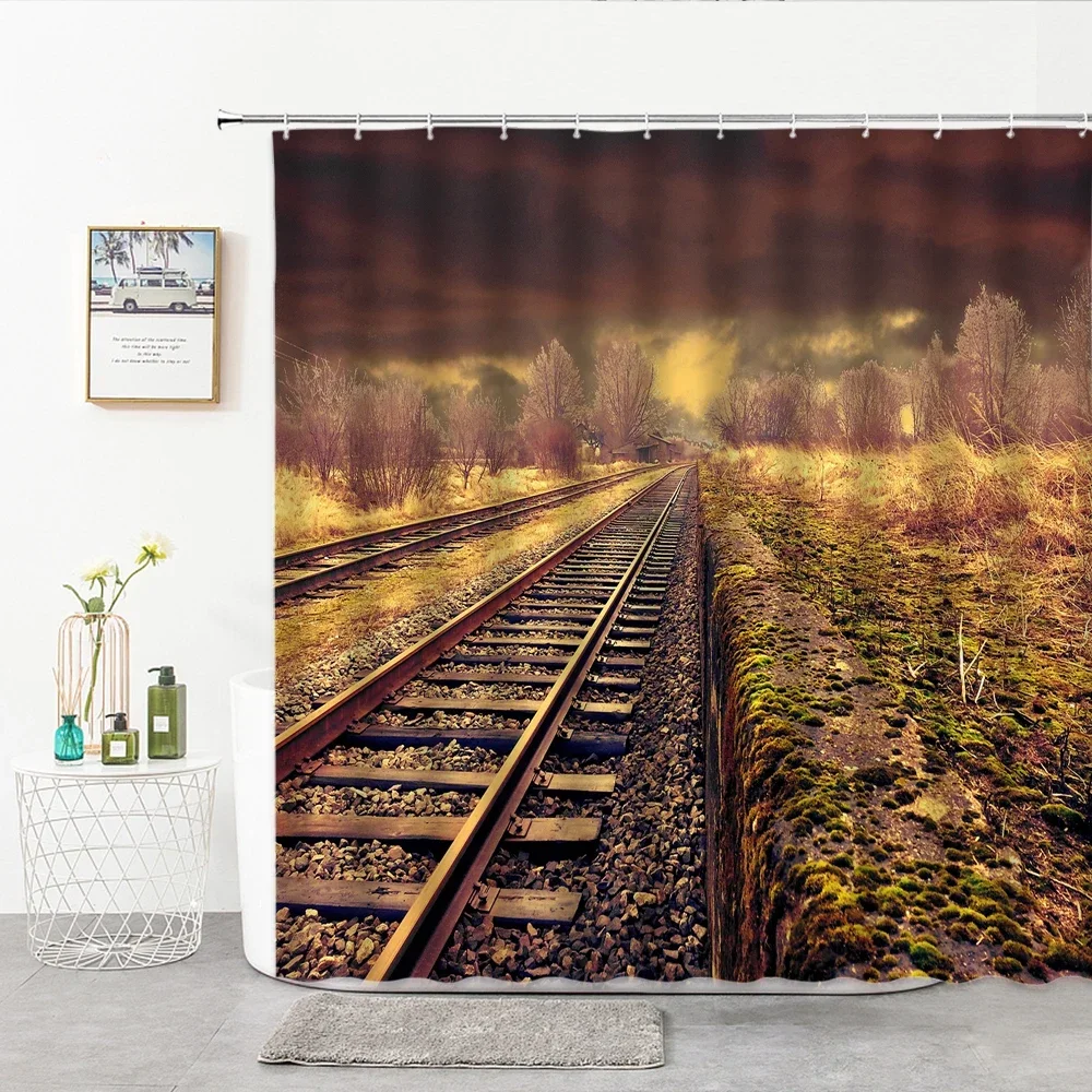 3D Railway Track Scenery Bathroom Shower Curtain Waterproof Polyester Fabric Bathtub Screen Home Decoration Washable with Hooks