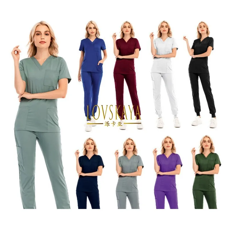 

Solid V-neck short sleeved pocket nurse suit hospital surgical nurse work uniform hand washing clothes