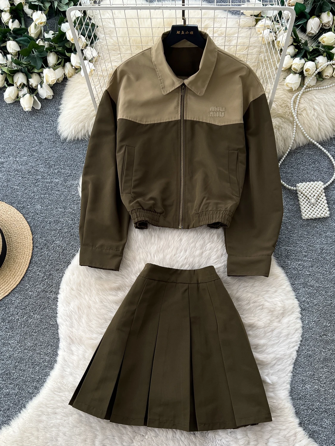 Retro Color Block Jacket Skirt Set Women's Casual Commute Sport Slimming Two-Piece Set Autumn Breathable High Waist