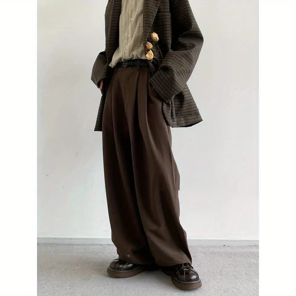 Japanese retro vertical straight tube coffee colored men's and women's trousers spring/autumn style wide legs loose casual pants