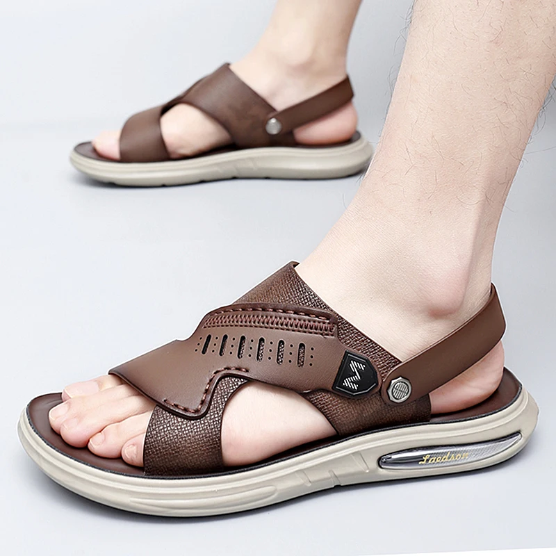 New Summer Beach Sandals Men\'s Comfortable Soft Men Genuine Leather Slip-on Casual Sandals Fashion Men Business Slippers Shoes