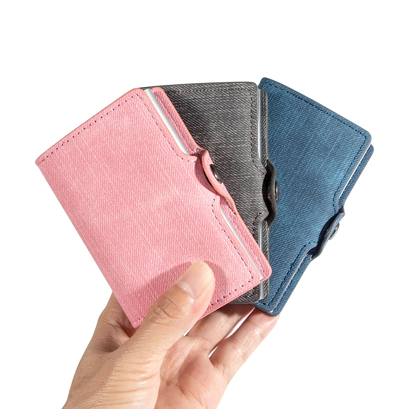 Casekey Male Wallet Fashion Denim Leather Pop Up Card Holder Anti-theft Aluminum Metal Smart Wallet Mini Purse Money Bag for Men