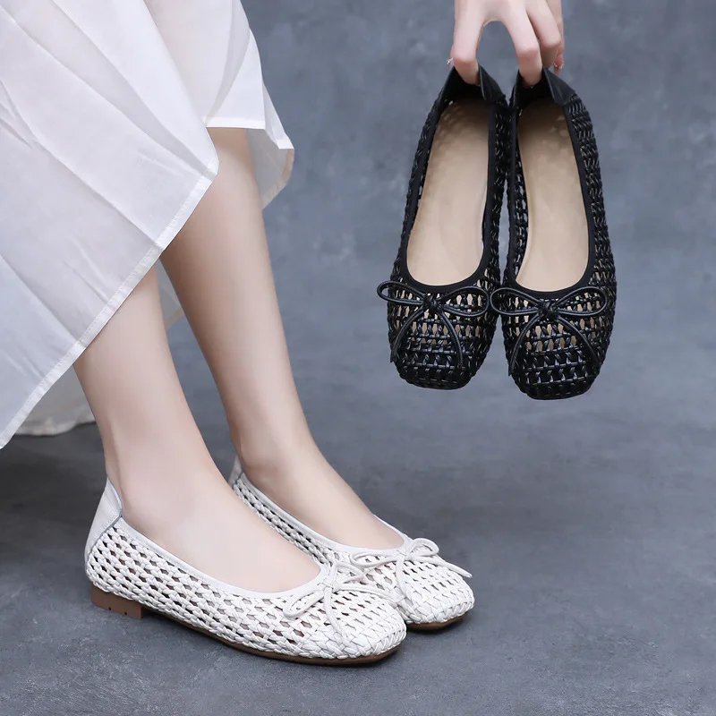 GKTINOO 2025 Summer New Genuine Leather Sandals For Women Hand-woven Hollow Low Heels Soft Sole Large Size Women's Shoes