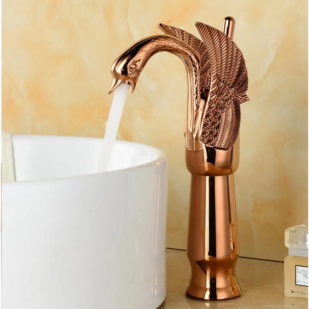 

Tall Polished Rose Gold Copper Carved Art Animal Swan Style Bathroom Sink Basin Mixer Tap Faucet One Hole Single Handle mnf180