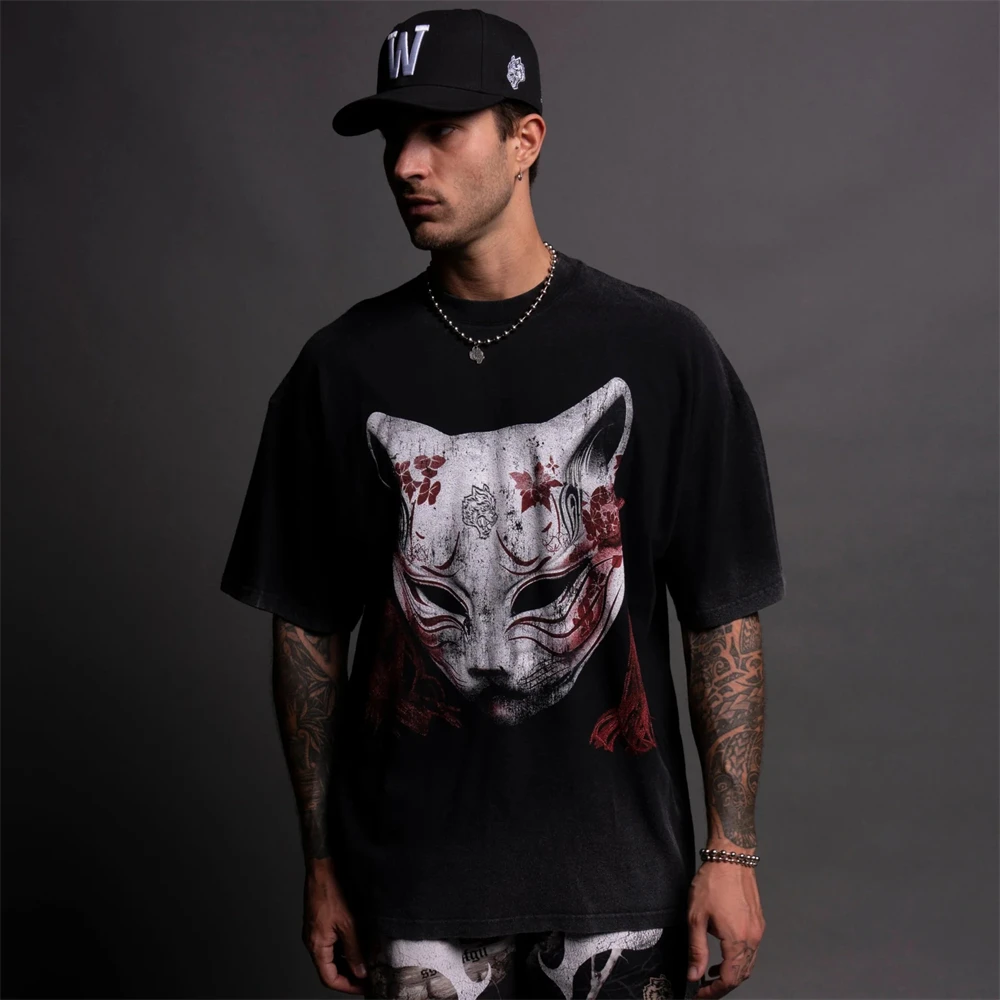 2025 New Japanese Cat Wolves Print 100% Cotton 230G Oversized Men Women Clothing Summer T-shirts Hip Hop Tops Tees US S-XL