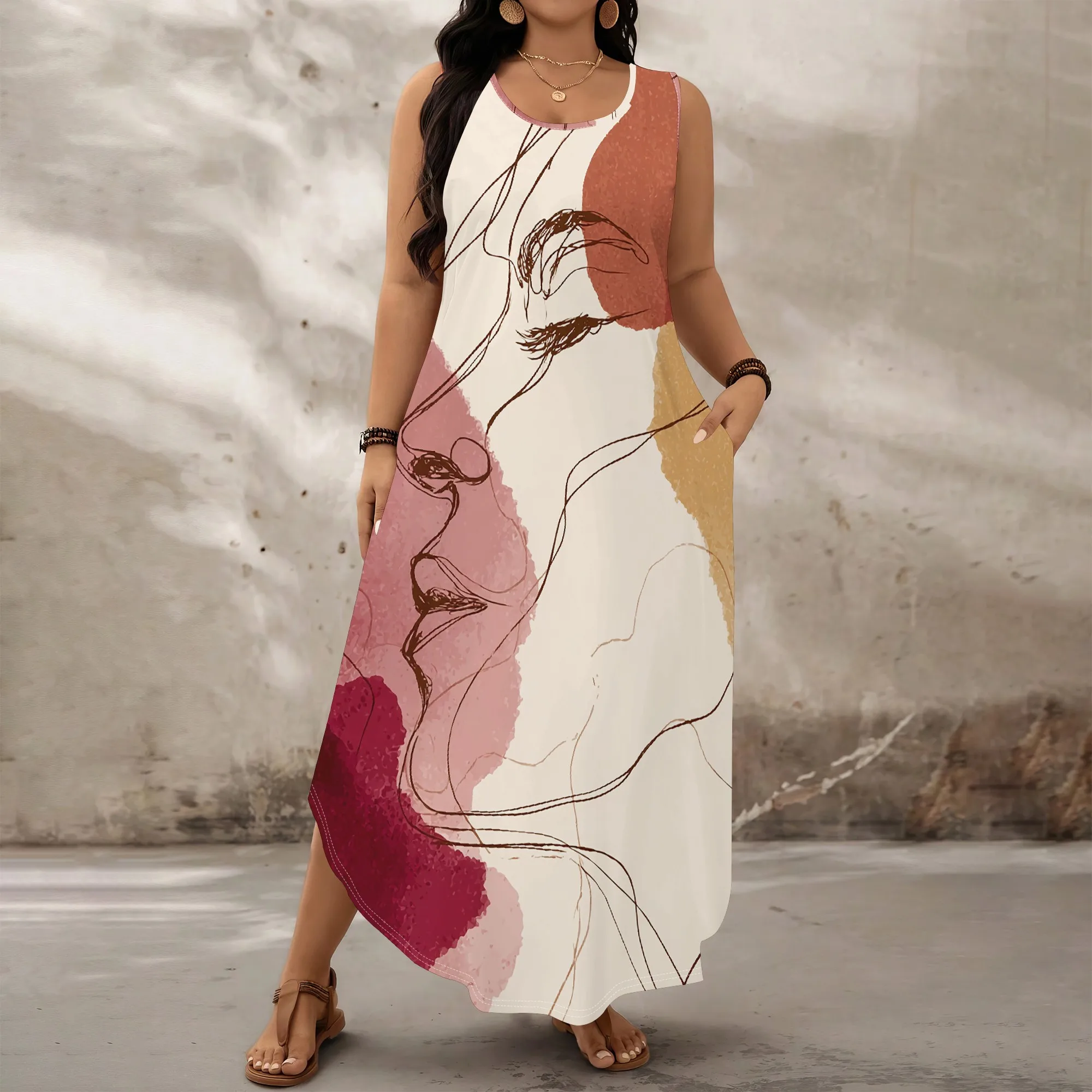

Plus Size Abstract Face Art Maxi Dress XL-6XL Sleeveless Style for Gallery Walk, Streetwear or Creative Day Out