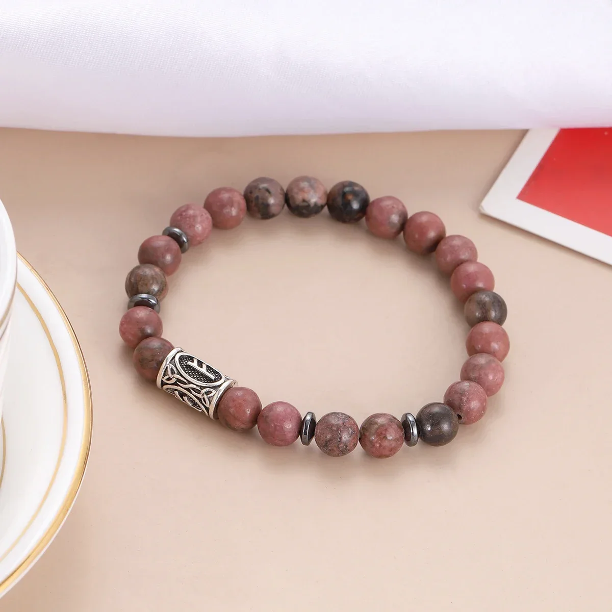 Ethnic Viking Runes New Bracelet for Men Women 8mm Natural Pink Rose Stone Hematite Beads Bracelets & Bangles Russia Jewelry