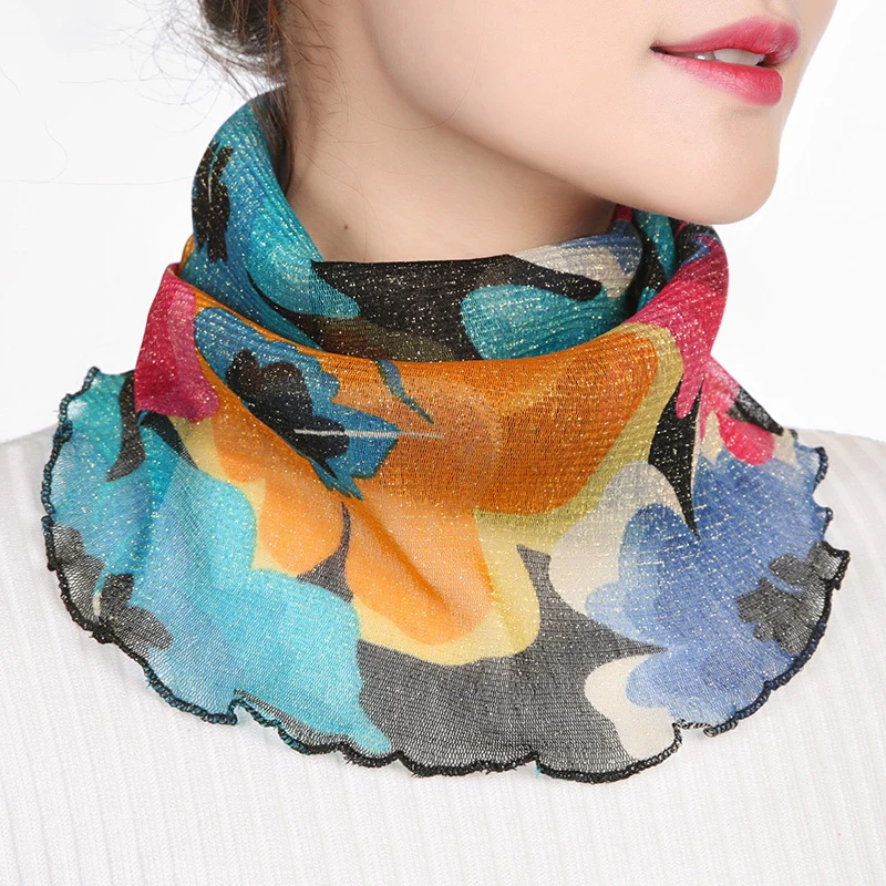 Spring Summer Neck Collar Scarf Women Thin Sunscreen Veil Fashion Floral Print Scarf Mask Mesh Neck Cover Face Cover Masks