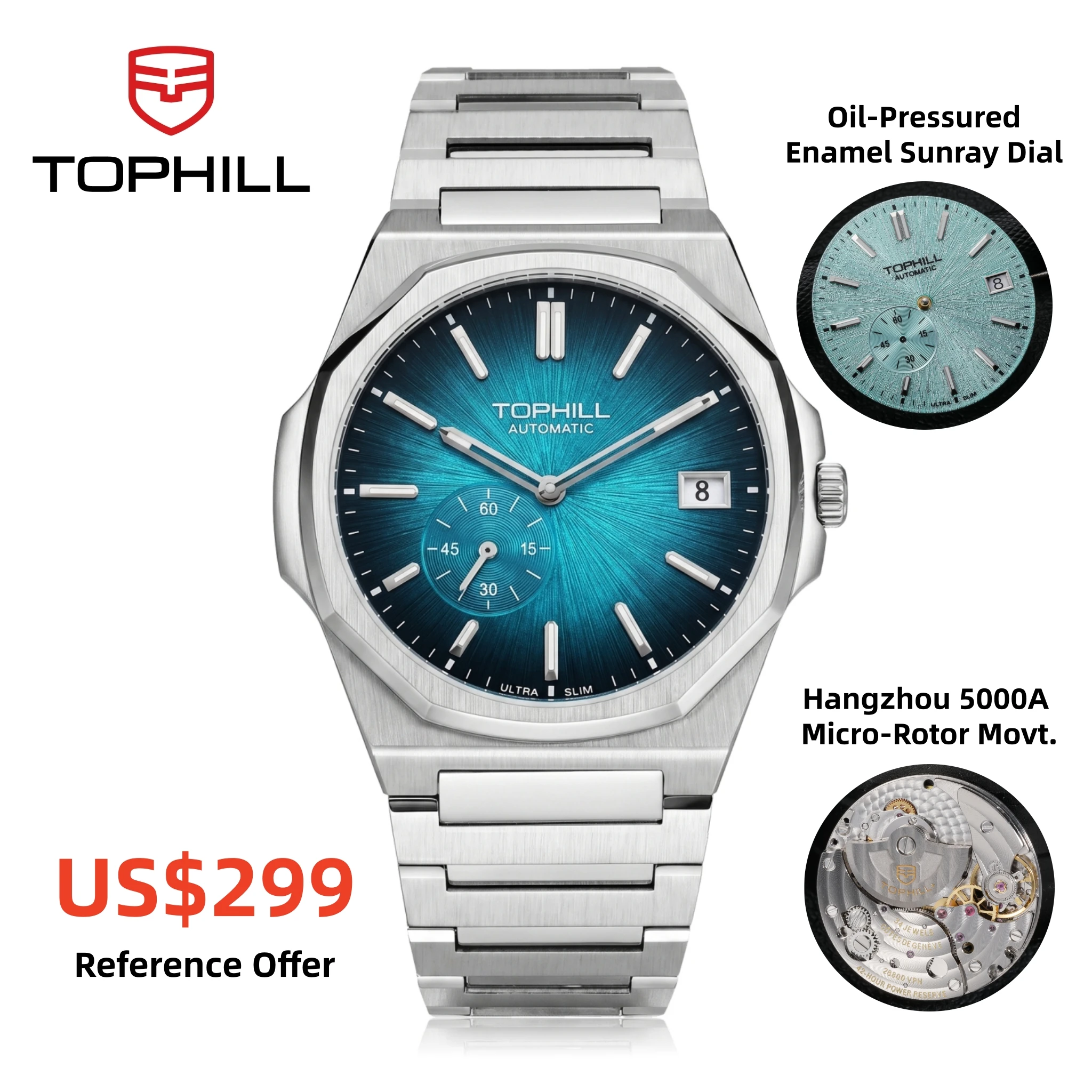 TOPHILL+ 38.7mm Ultra Slim Automatic Micro Rotor Watch Hangzhou 5000A Luxury Enamel Sunray Integrated Bracelet Sapphire KIM001G