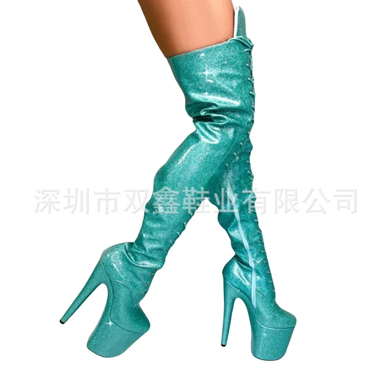20cm Glitter Coated Over Knee Boots Stiletto Heel Leather Front Lace Up Thigh High Boots Women's Erotic Performance Shoes
