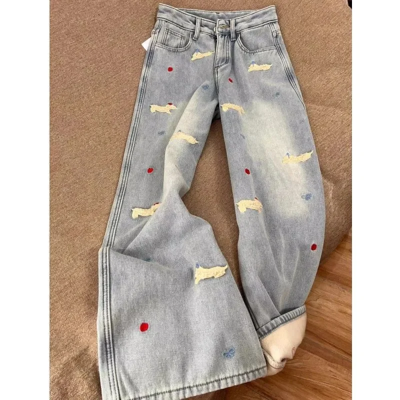 

2025 Women Fashion High Waist Jeans Autumn Winter Femme Embroidery Denim Pant Korean Lady Large Size 5XL Wide-leg Cowboy Trouser