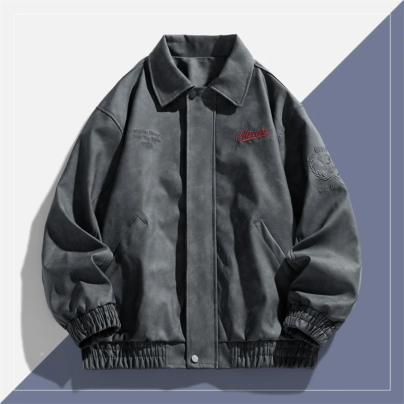 

Autumn and winter fashionable loose and versatile lapel leather jacket with retro embroidery motorcycle suit leather jacket