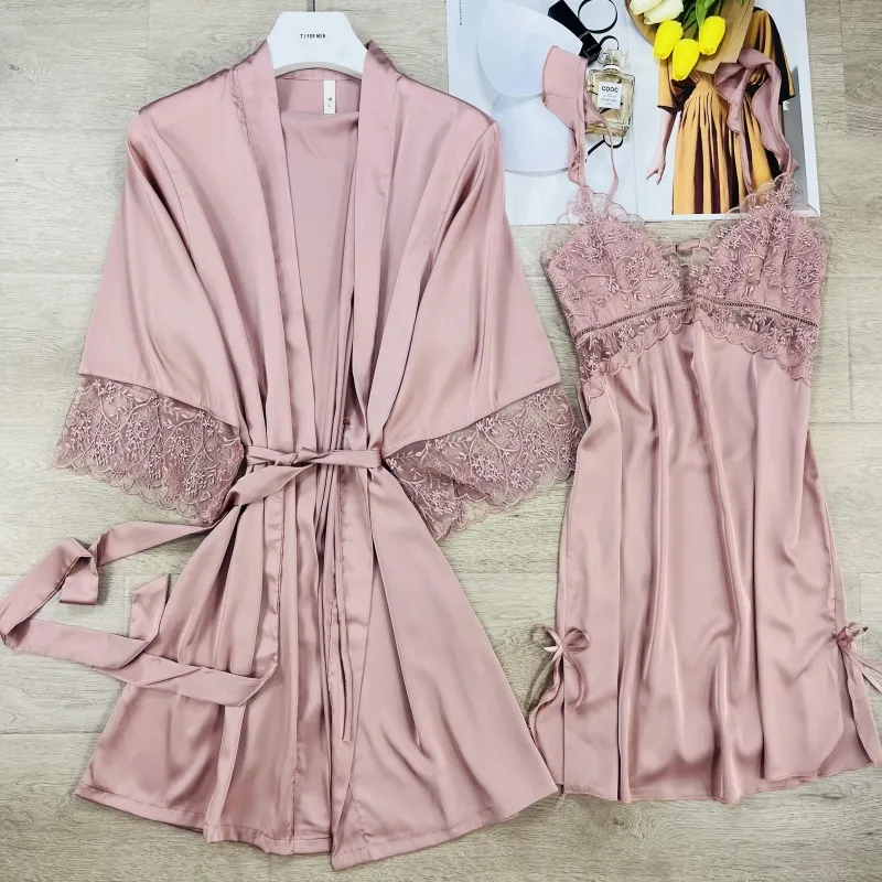 Twinset Robe Suit Female Spaghetti Strap Nightgown With Bathrobe Set Sexy V-Neck Sleepwear Lace Patchwork Loungewear Nightdress