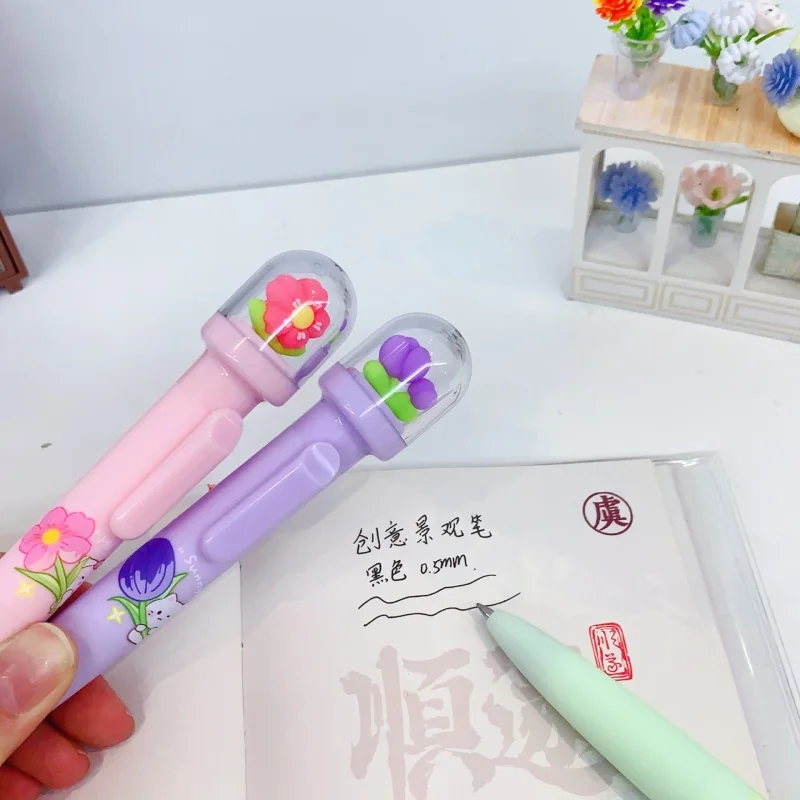 

24pcs/lot Creative Flower Landscape Press Gel Pen Cute 0.5mm Black Ink Neutral Pens For Writing Office School Supplies