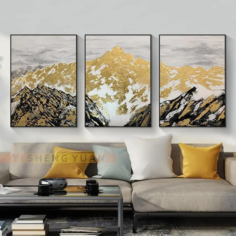 

3 Piece Handmade Oil Painting Golden Foil Mountain Texture Landscape Triptych Living Room Office Wall Art Decor Mural Frameless