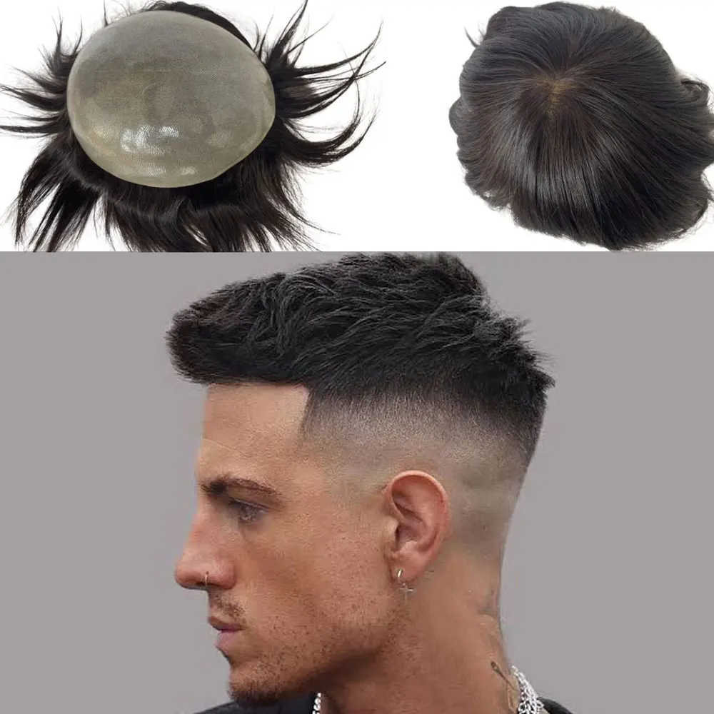 Toupee for Man 0.08-0.1 Thick Skin PU Men's Hairpiece Indian Virgin Human Hair Replacement System9.5x7.5inch Natural Hairline1B#