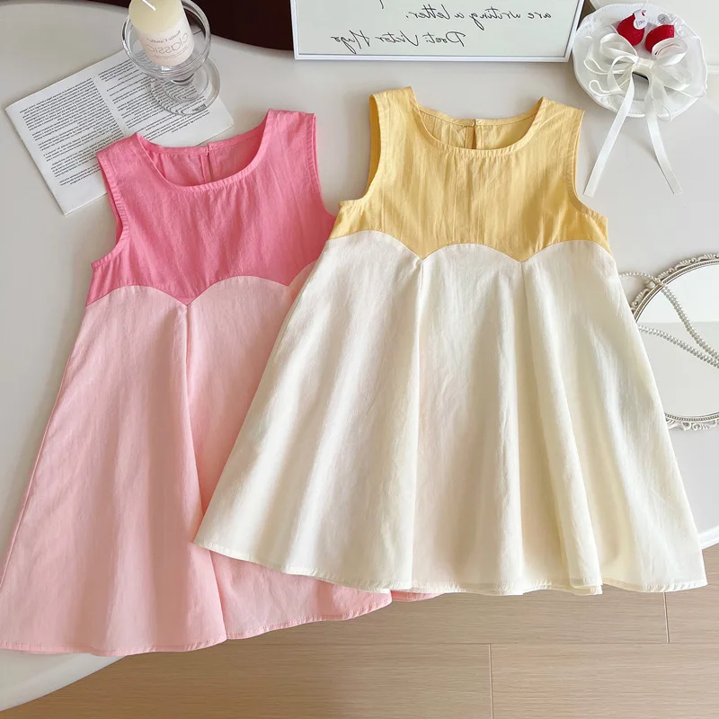 Fashionable Girls' Cotton Vest Princess Dress2024Summer New Baby Girl Sleeveless Fashionable Color-Matching Dress