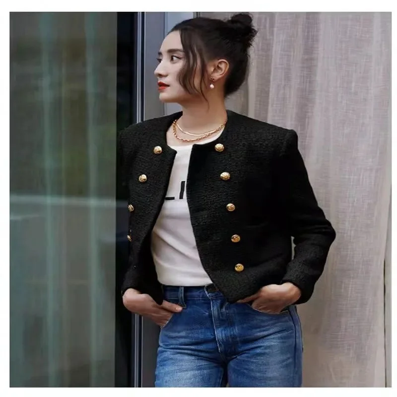 Double breasted Woolen Coat for Women\'s Autumn and Winter New Slim Fit Fashion Short Knit Thick Tweed Suit Jacket Blazer Yellow