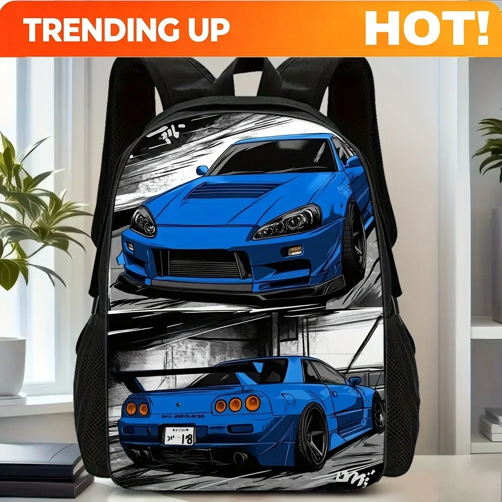 Custom Bag 1pc Stylish Blue Racing Car Backpack - Sporty 2D Flat Print Design With Aerodynamic Racing Car Graphics, Lightweight