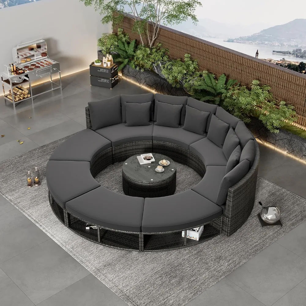 Conjunto de conversación para Patio al aire libre, juego de sofá Circular para exteriores, sofá Seccional de mimbre, conjunto de salón con mesa de