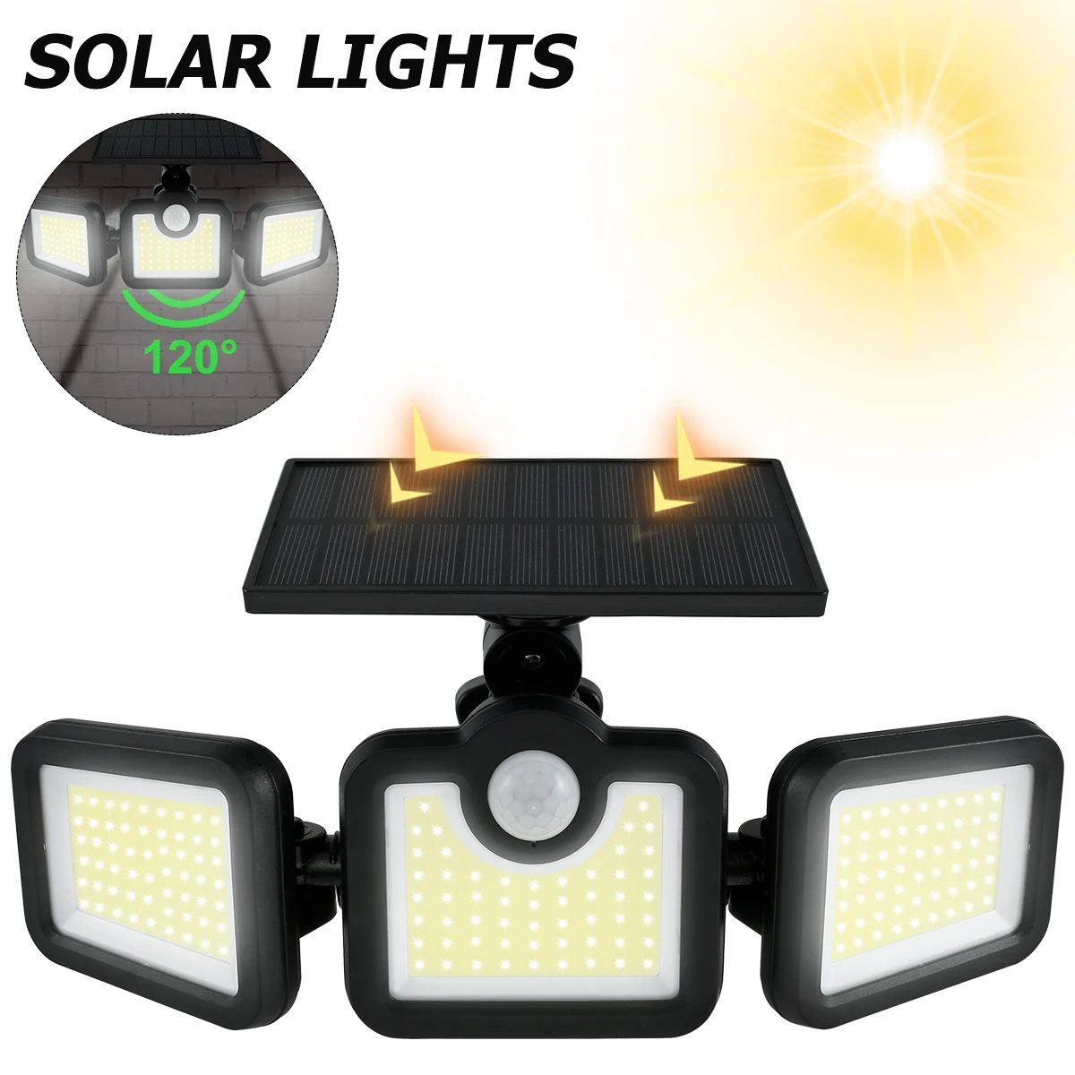 

171 COB Solar Lights Outdoor Sconces Wall Lamp 3 Heads Solar Security Light Motion Sensor Spotlight With Remote Street Light