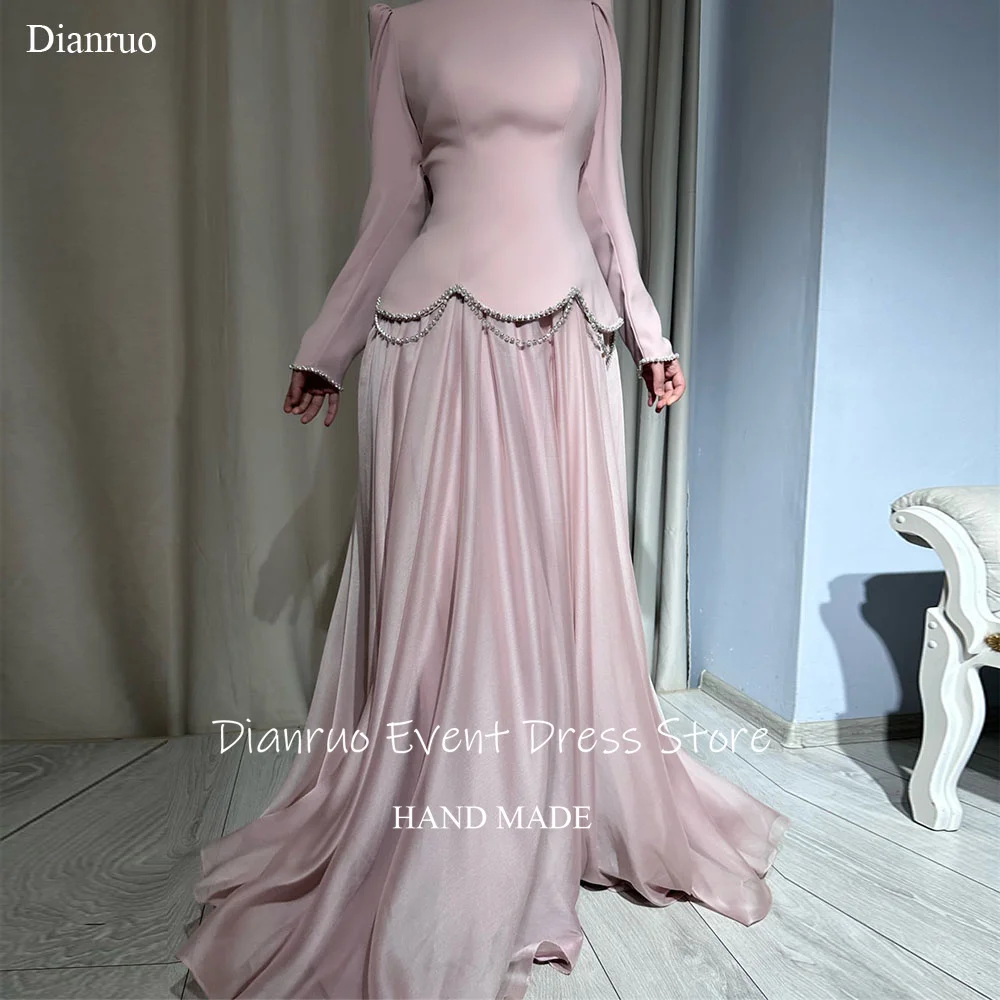 

Dianruo Beaded Muslim Glamorous Evening Dresses Pink Long Sleeves Robe De Soirée High Neck Long Saudi Party Gowns Customized