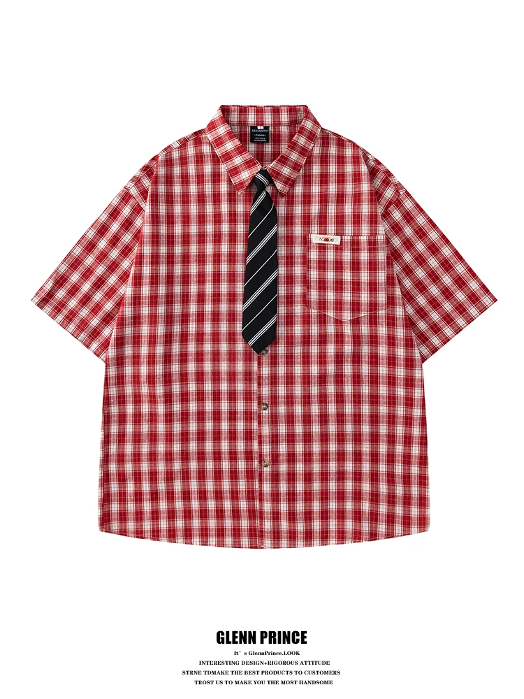 

GPstudio Американская ретро-рубашка в красную клетку с коротким рукавом, хлопковая, мужская, летняя, свободного кроя, для пар, повседневная, дышащая, удобная