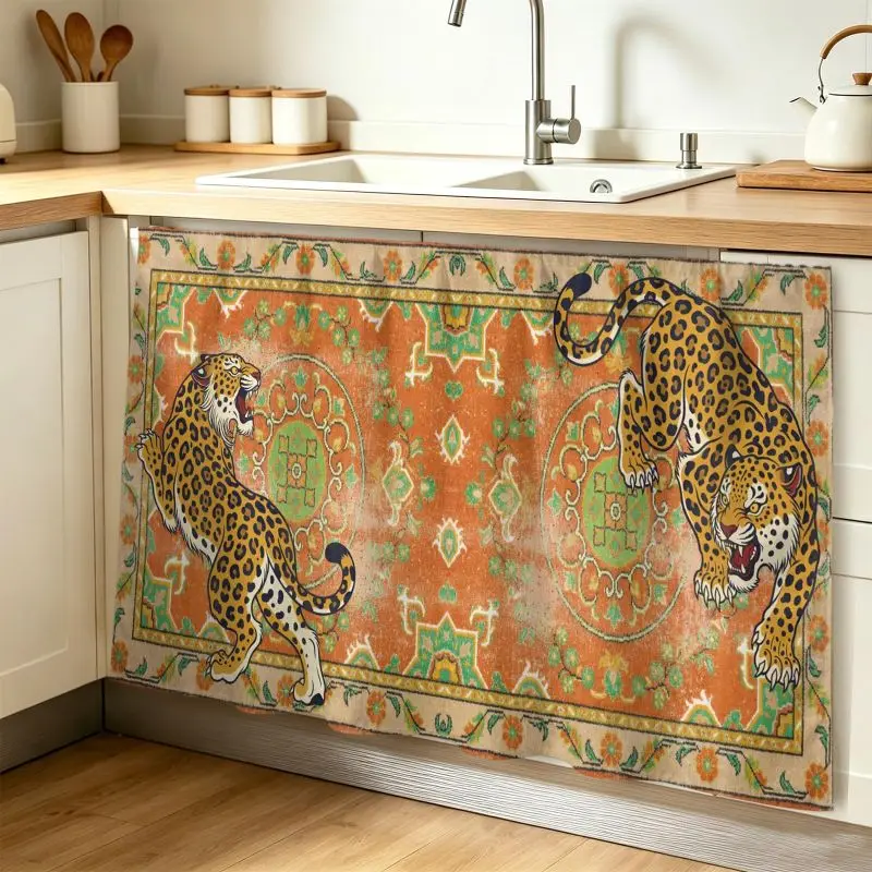 VIKAMA Retro Cheetah Cupboard Shade Without Punching Velcro Short Shade Shoe Cabinet Kitchen Sink Shade Home Decoration